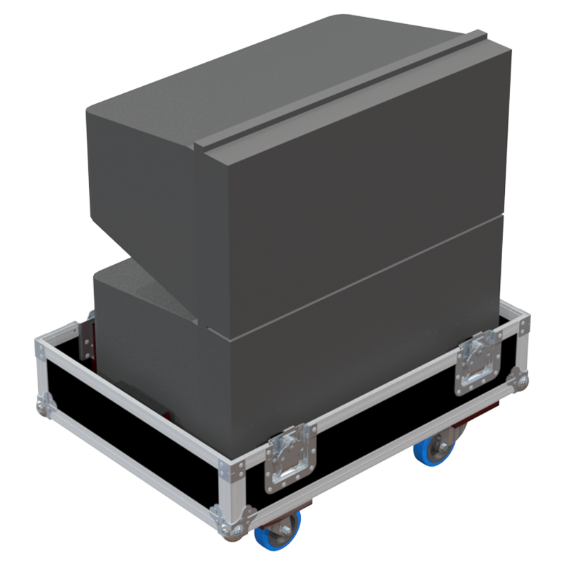 Two NEXO GEO M12 speakers safely secured inside the custom pro audio flight case for professional rental