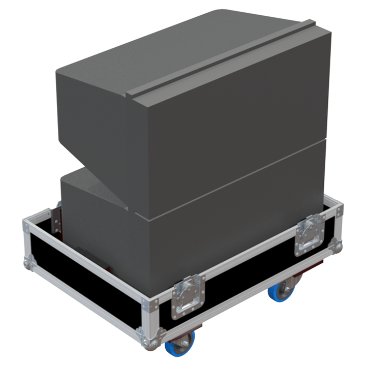 Two NEXO GEO M12 speakers safely secured inside the custom pro audio flight case for professional rental