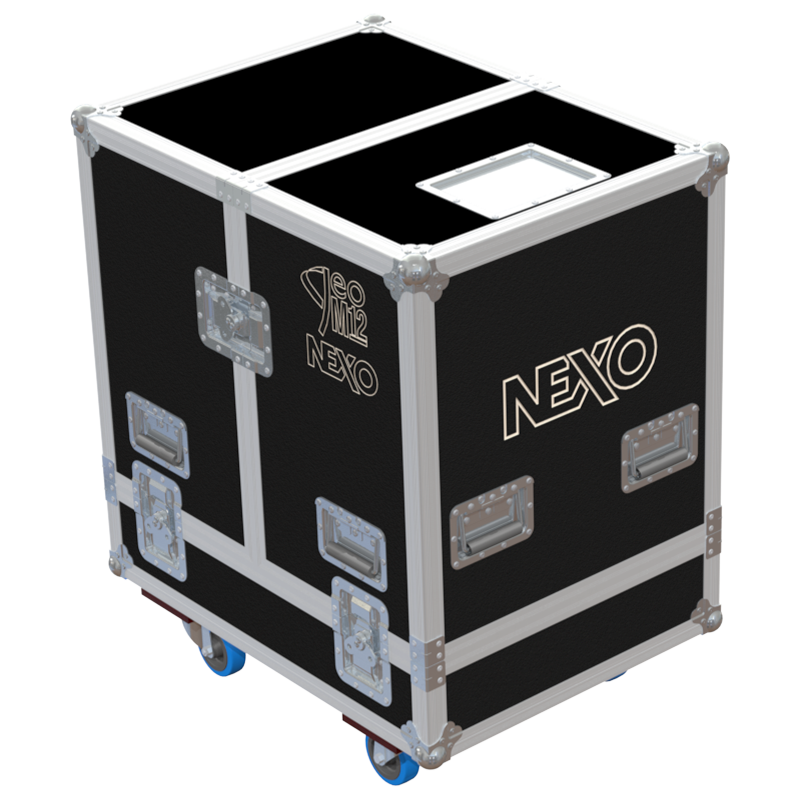 Rear view of the road case for NEXO GEO M12 showing heavy-duty hardware and 10mm birch plywood