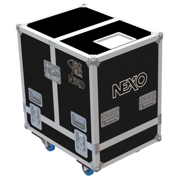 Rear view of the road case for NEXO GEO M12 showing heavy-duty hardware and 10mm birch plywood