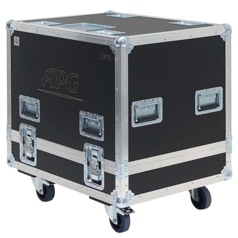 Front view of the professional twin touring flight case for 2x APG DX15 speakers by ALP Flight Cases
