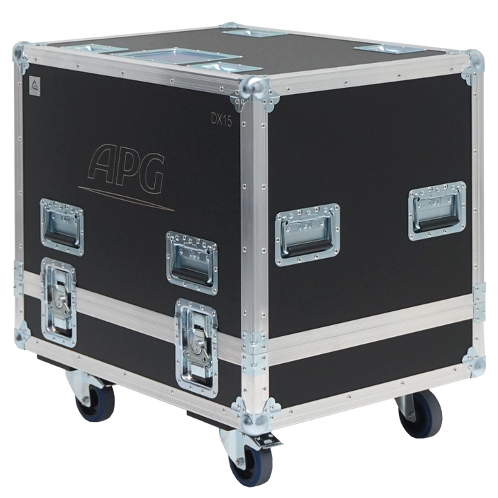 Front view of the professional twin touring flight case for 2x APG DX15 speakers by ALP Flight Cases