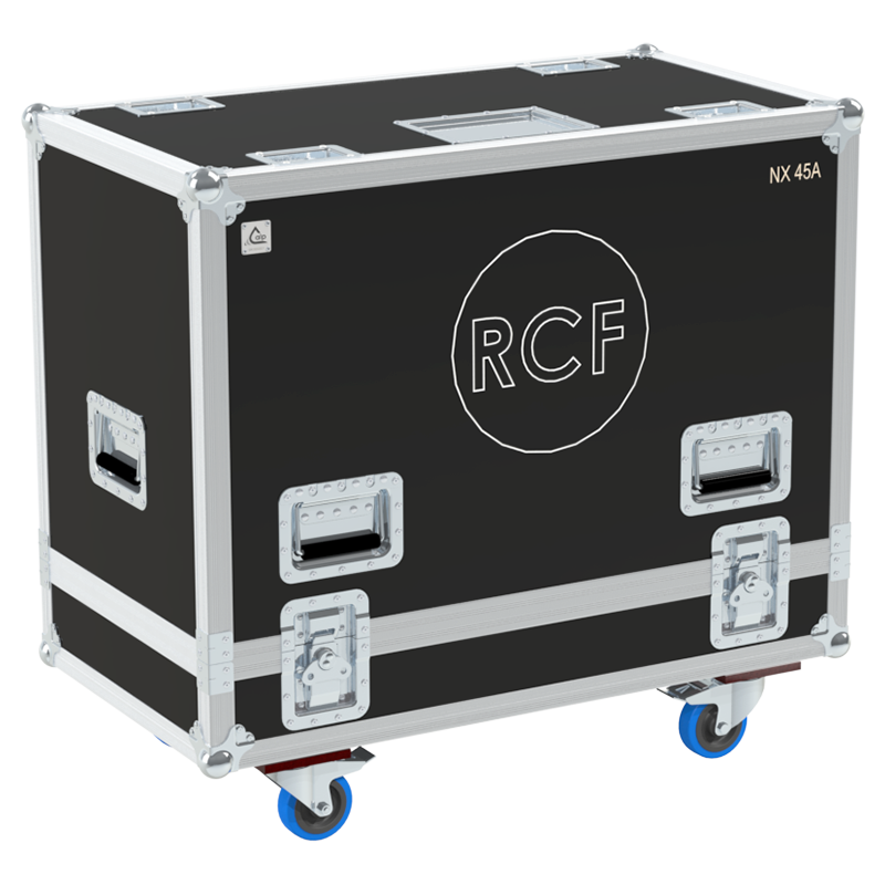 Front view of the professional twin touring flight case for 2x RCF NX 45-A speakers by ALP Flight Cases