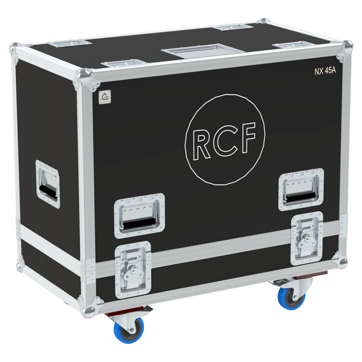 Front view of the professional twin touring flight case for 2x RCF NX 45-A speakers by ALP Flight Cases