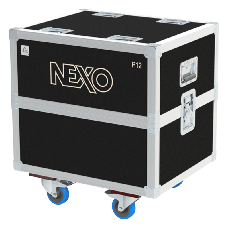 Front view of the professional twin touring flight case for 2x NEXO P12 V2 speakers by ALP Flight Cases
