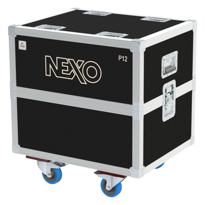 Front view of the professional twin touring flight case for 2x NEXO P12 V2 speakers by ALP Flight Cases