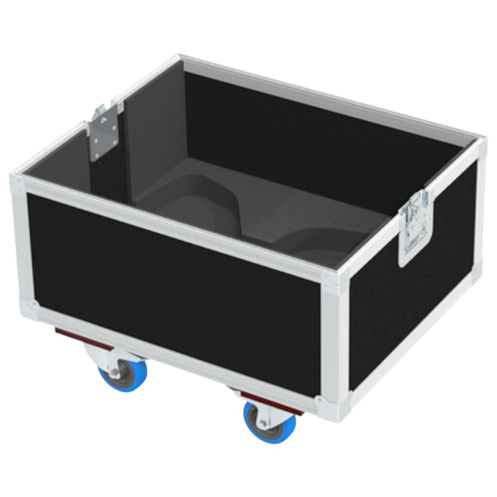 Empty interior of the flight case for 2x NEXO P12 V2 showing precision CNC-cut foam for high-density audio protection