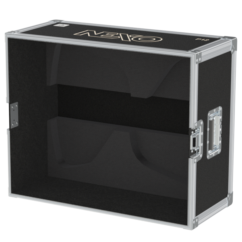 Empty interior of the flight case for 2x NEXO P12 V2 showing precision CNC-cut foam for high-density audio protection_2