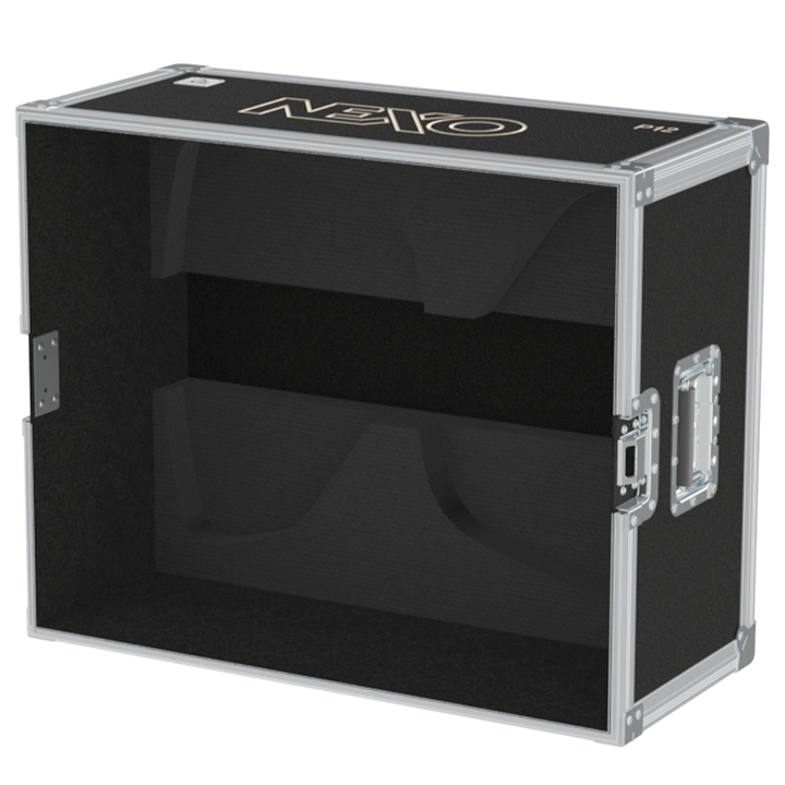 Empty interior of the flight case for 2x NEXO P12 V2 showing precision CNC-cut foam for high-density audio protection_2