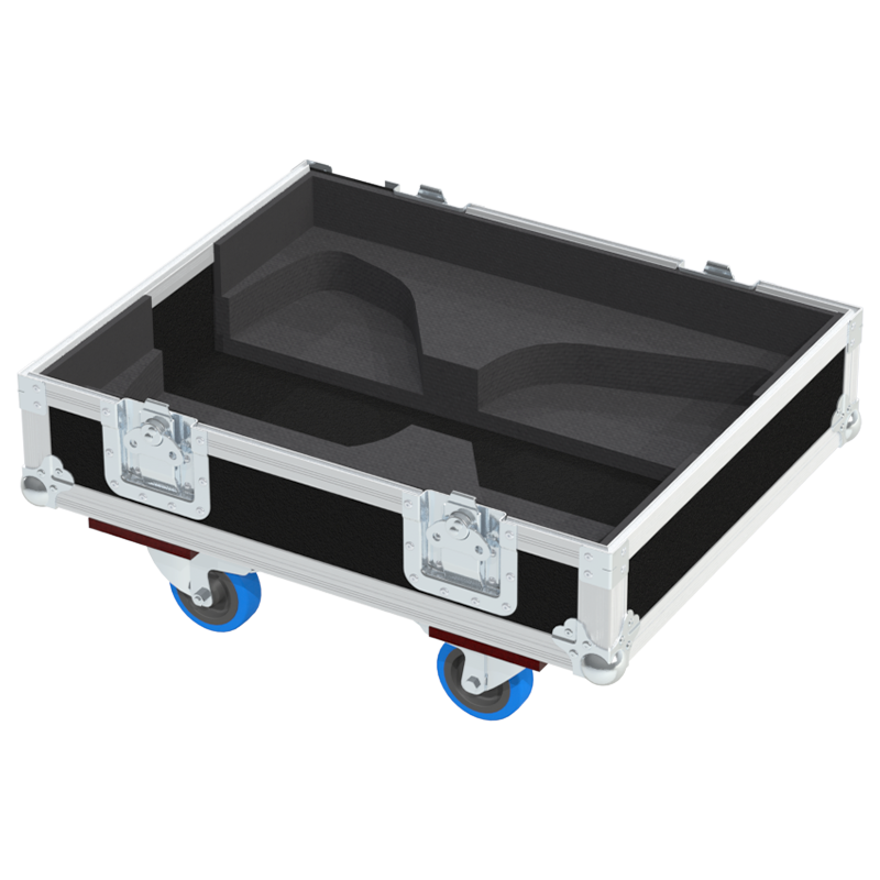 Empty interior of the flight case for 2x NEXO P12 showing precision CNC-cut foam for high-density audio protection