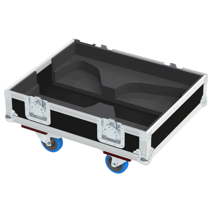Empty interior of the flight case for 2x NEXO P12 showing precision CNC-cut foam for high-density audio protection