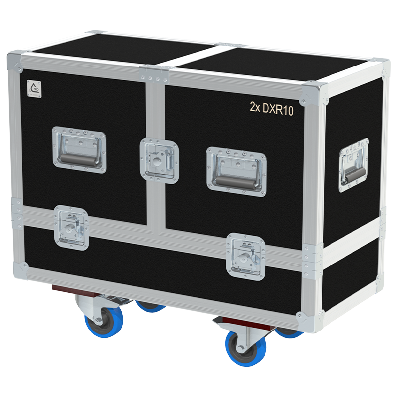 Front view of the professional twin touring flight case for 2x Yamaha DXR10 speakers by ALP Flight Cases