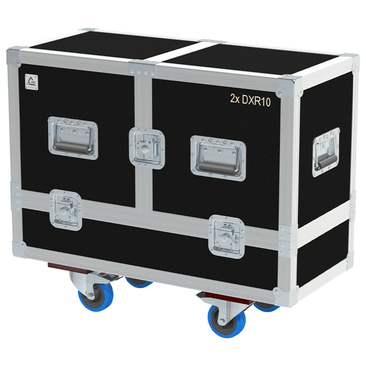 Front view of the professional twin touring flight case for 2x Yamaha DXR10 speakers by ALP Flight Cases