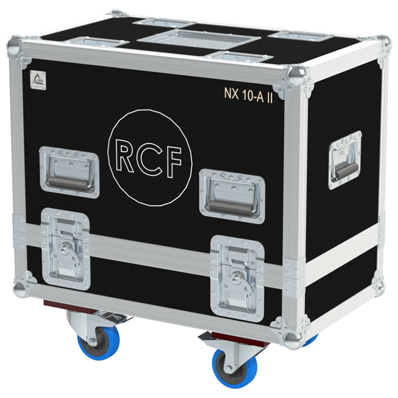 Front view of the professional twin touring flight case for 2x RCF NX 10-A II speakers by ALP Flight Cases