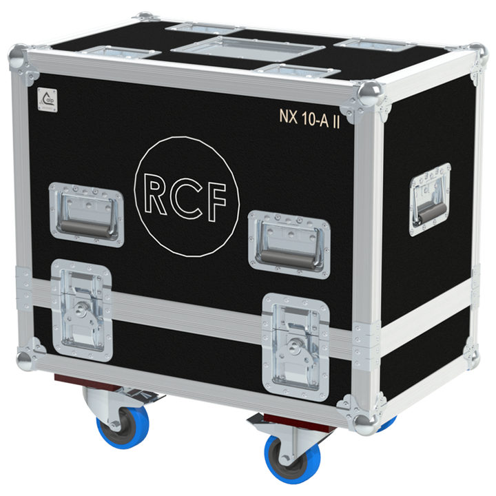 Front view of the professional twin touring flight case for 2x RCF NX 10-A II speakers by ALP Flight Cases