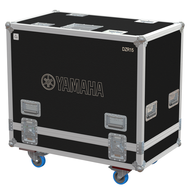 Front view of the professional twin touring flight case for 2x Yamaha DZR15 speakers by ALP Flight Cases