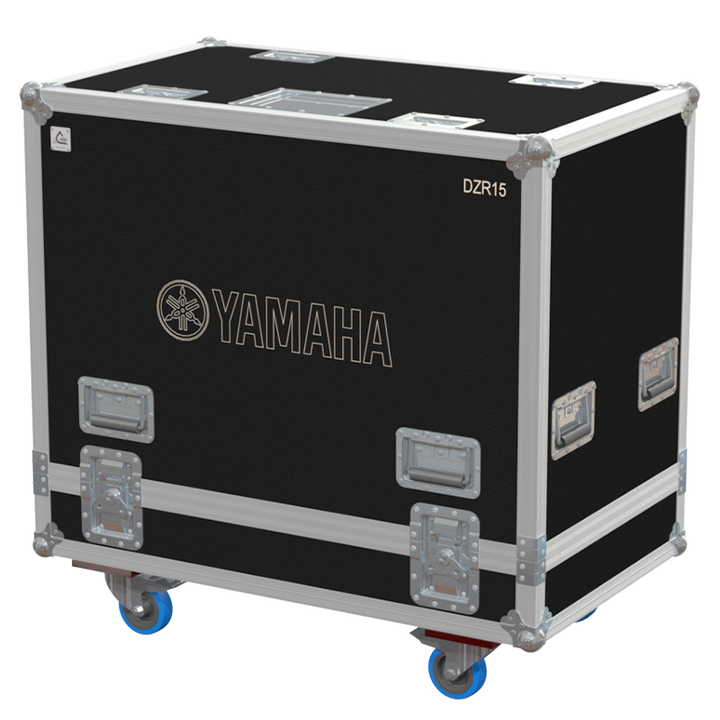 Front view of the professional twin touring flight case for 2x Yamaha DZR15 speakers by ALP Flight Cases