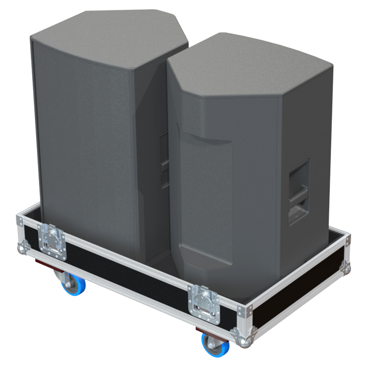 Two Yamaha DZR15 high-power speakers safely secured inside the custom flight case for professional rental