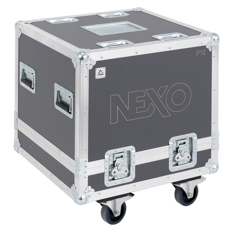 Front view of the professional touring flight case for 2x NEXO P10 speakers and rigging frame by ALP Flight Cases