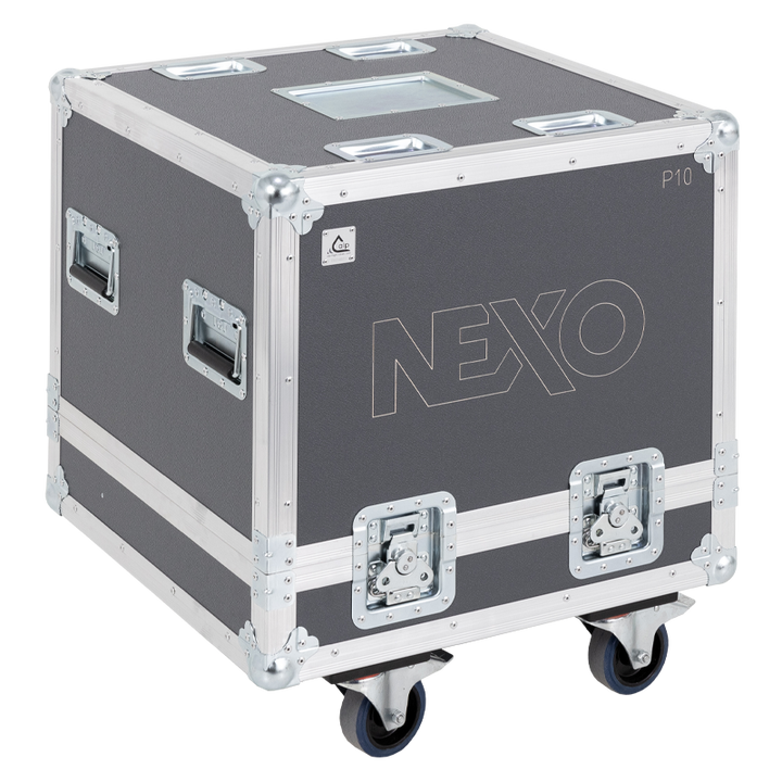 Front view of the professional touring flight case for 2x NEXO P10 speakers and rigging frame by ALP Flight Cases