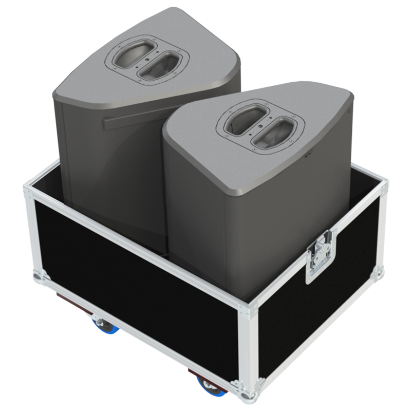 Two NEXO P15 V2 loudspeakers safely secured inside the custom pro audio flight case for professional touring