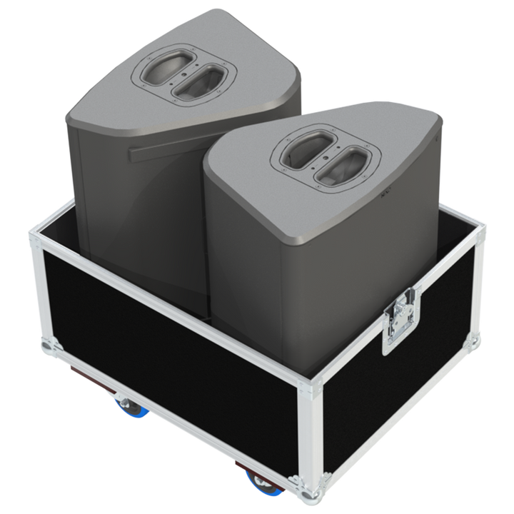 Two NEXO P15 V2 loudspeakers safely secured inside the custom pro audio flight case for professional touring