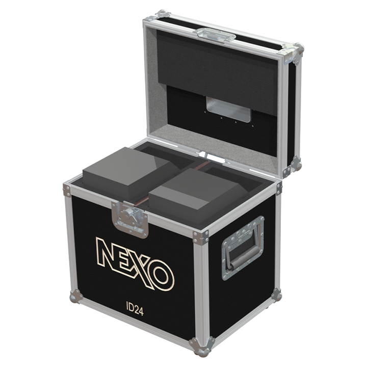 Two NEXO ID24 compact speakers safely secured inside the custom pro audio flight case for professional rental