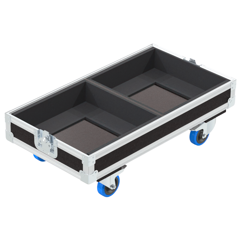 Empty interior of the flight case for 2x QSC KW122 showing precision CNC-cut foam for high-density audio protection