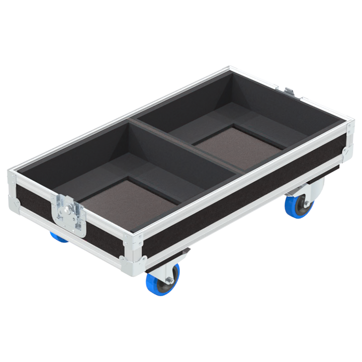 Empty interior of the flight case for 2x QSC KW122 showing precision CNC-cut foam for high-density audio protection