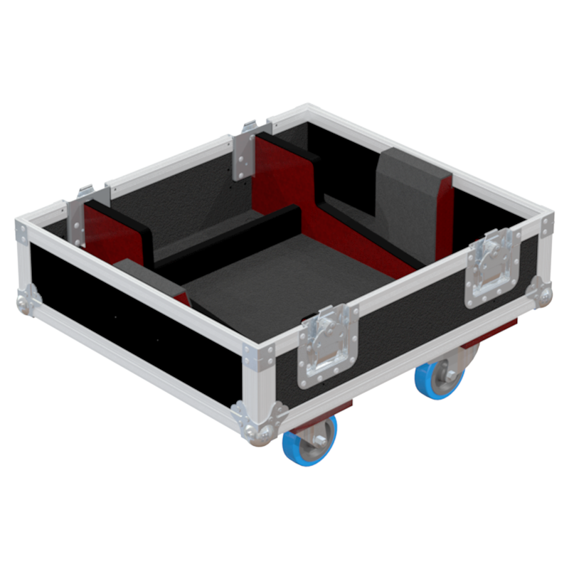 Empty interior of the flight case for 3x APG UC206W showing precision CNC-cut foam for rigging hardware protection