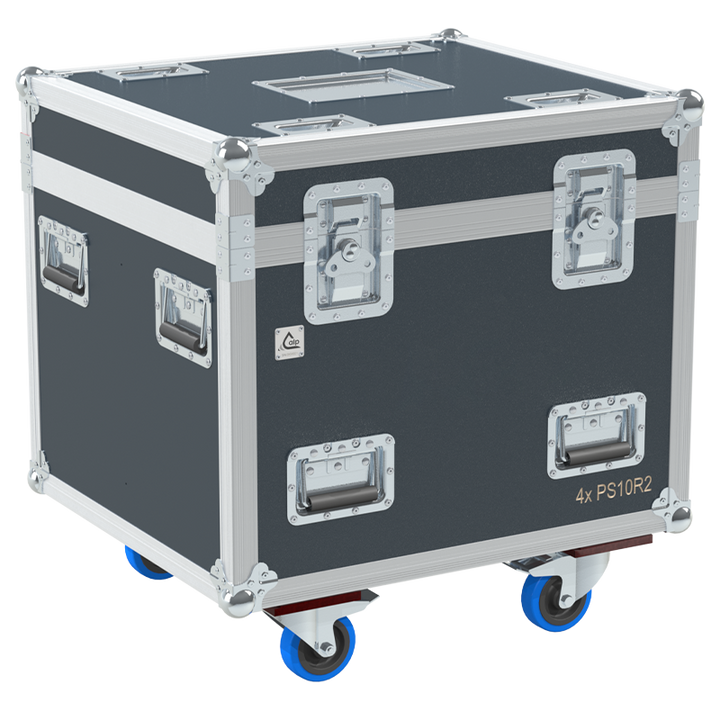 Front view of the professional quad touring flight case for 4x NEXO PS10 R2 speakers by ALP Flight Cases
