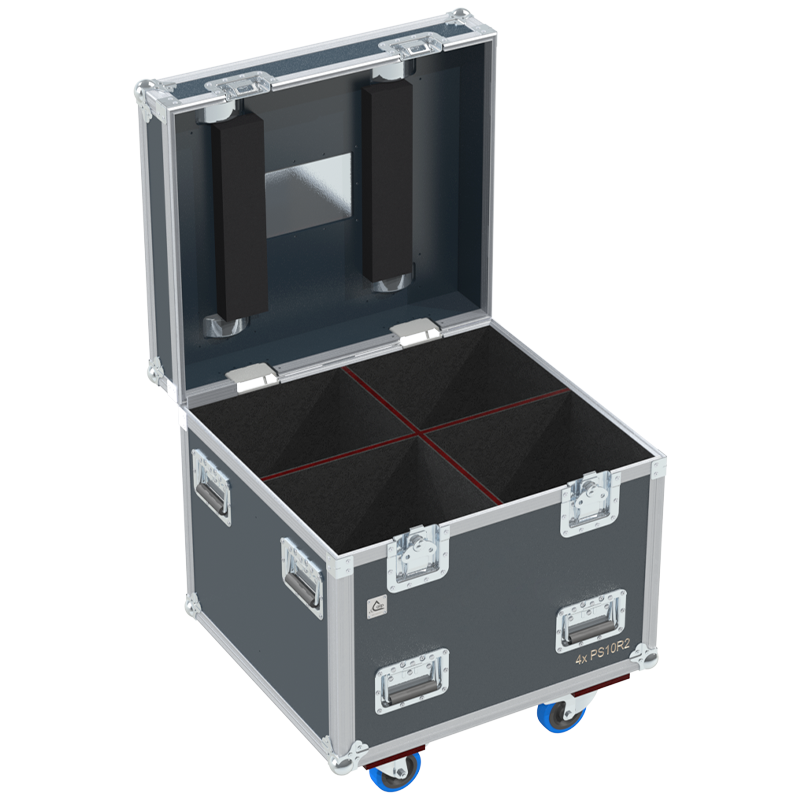 Empty interior of the flight case for 4x NEXO PS10 R2 showing precision CNC-cut foam for high-density audio protection