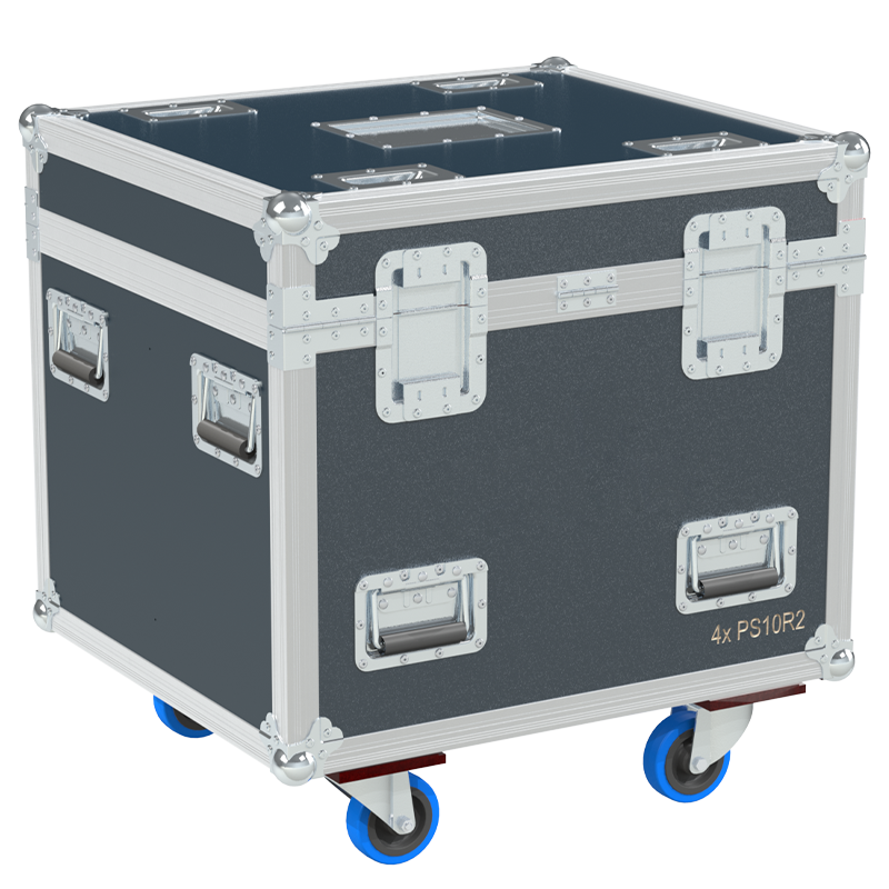 Rear view of the road case for NEXO PS10 R2 showing heavy-duty hardware and 10mm birch plywood