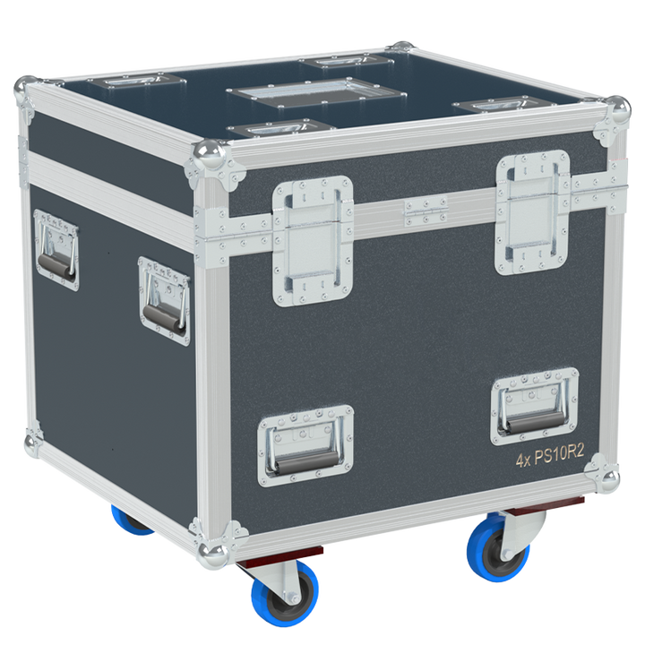 Rear view of the road case for NEXO PS10 R2 showing heavy-duty hardware and 10mm birch plywood