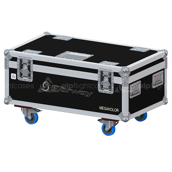 ALP FLIGHT CASES front view of 4x Starway MegaKolor flight case with heavy-duty touring hardware and wheels