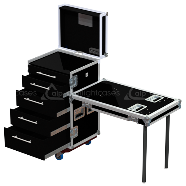 PRO series tool case open showing 5 heavy-duty drawers and 18U rack space for professional gear