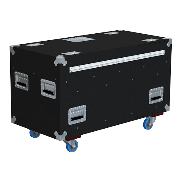 Rear view of the reinforced 1200mm touring trunk showing extra-sturdy 10mm birch plywood and heavy-duty hinges
