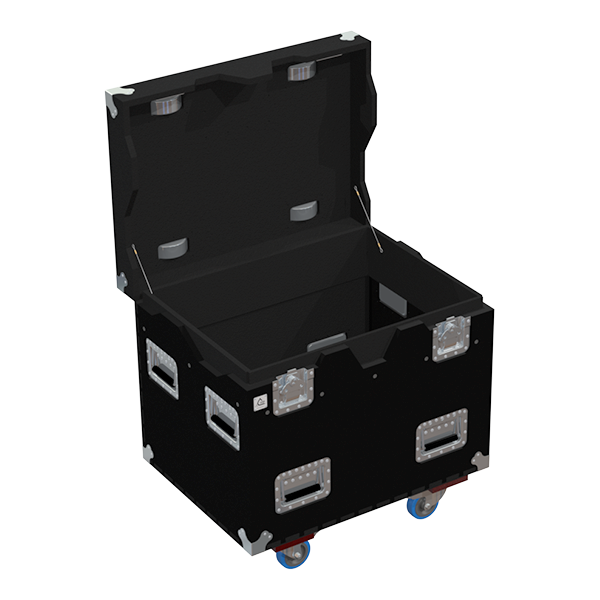 Empty interior of the reinforced 800x600x600mm flight case trunk highlighting the 10mm birch plywood reinforcement