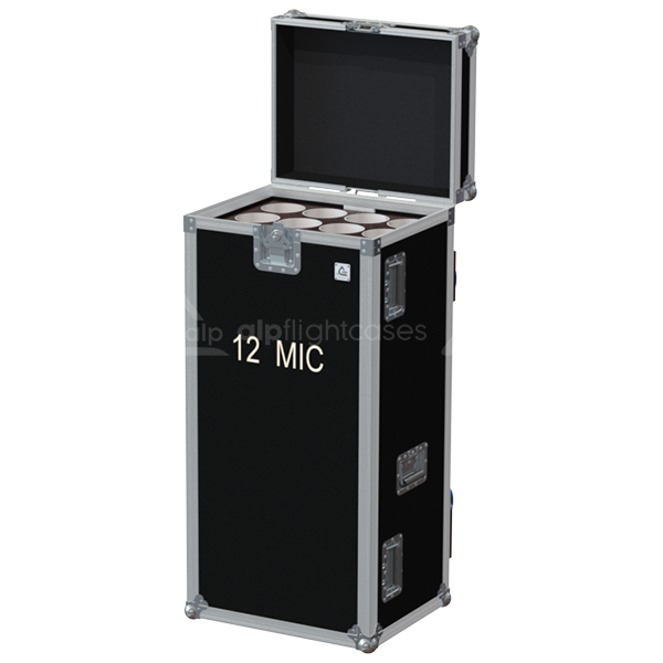 12 microphone stands safely secured in individual protective tubes inside the ALP Flight Cases touring case
