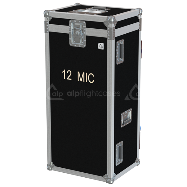 Front view of the heavy-duty professional multicase for 12x microphone stands by ALP Flight Cases