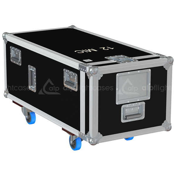 Front view of the heavy-duty professional multicase for 12x microphone stands by ALP Flight Cases