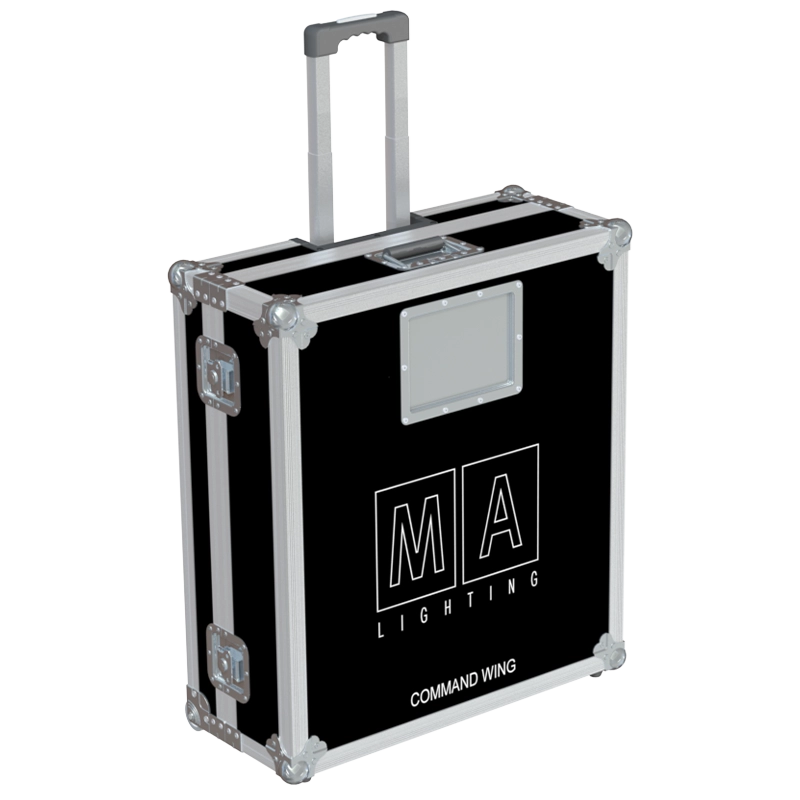 Front right view of the ALP Flight Case CLP045R for MA Lighting grandMA2 onPC Command Wing with integrated display and trolley configuration