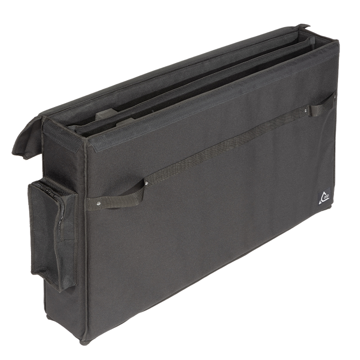 View of the open protective bag without equipment, highlighting the velvet interior and the removable partition for dual screen separation