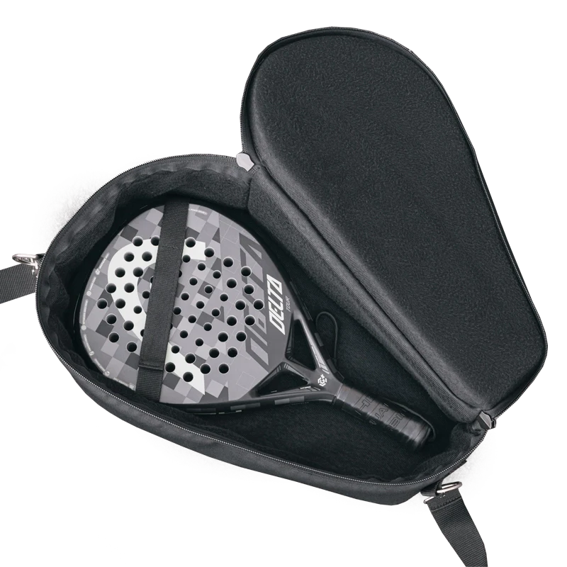 Open view of the ALP Bag with padel racket positioned inside the protective interior