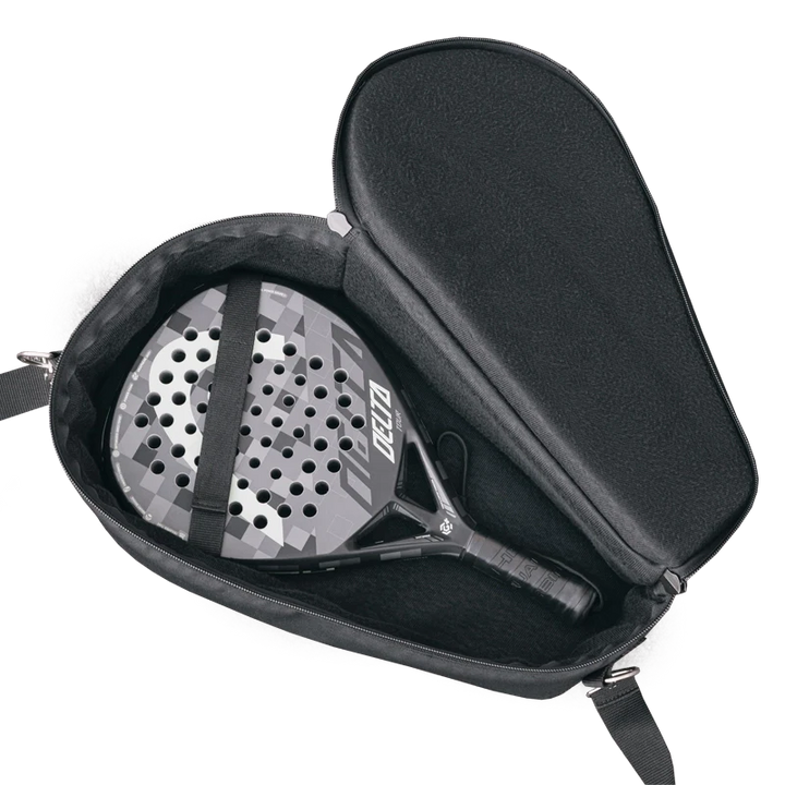 Open view of the ALP Bag with padel racket positioned inside the protective interior