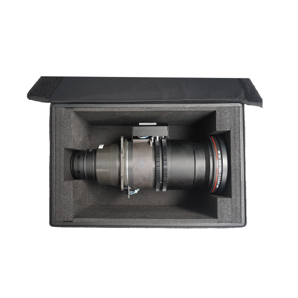 Front right perspective view of the custom ALP Bags professional semi-rigid cover for the Barco TLD 1.5-2.0 lens