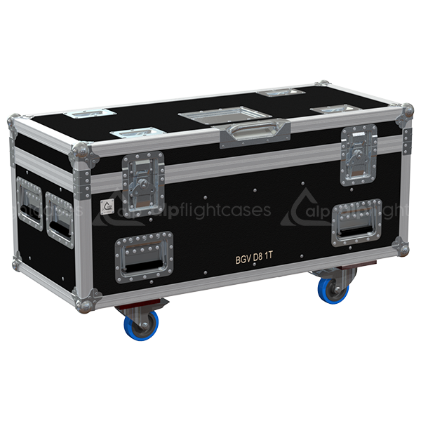 Front view of ALP professional flight case for 2x ChainMaster BGV-D8 1T motors with wheels