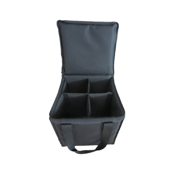 Interior view of the professional multibox, highlighting the hardboard structure, foam padding, and organized compartments for 4x Chauvet Moove LED fixtures.