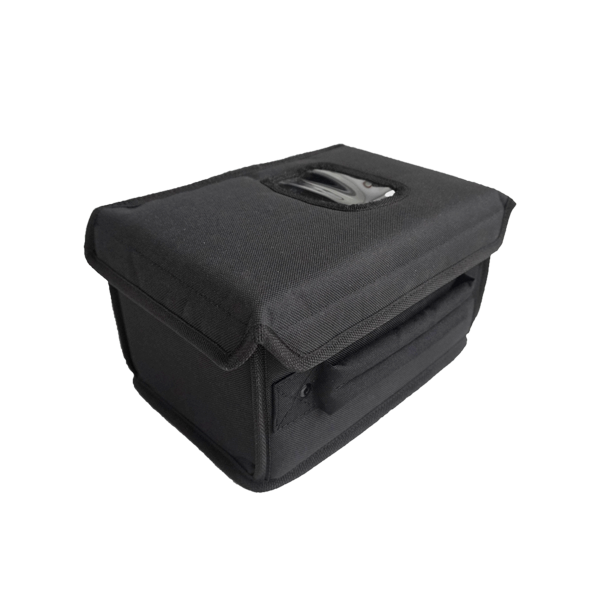Front right perspective view of the custom ALP Bags professional semi-rigid case for the Christie 140-102104-01 lens