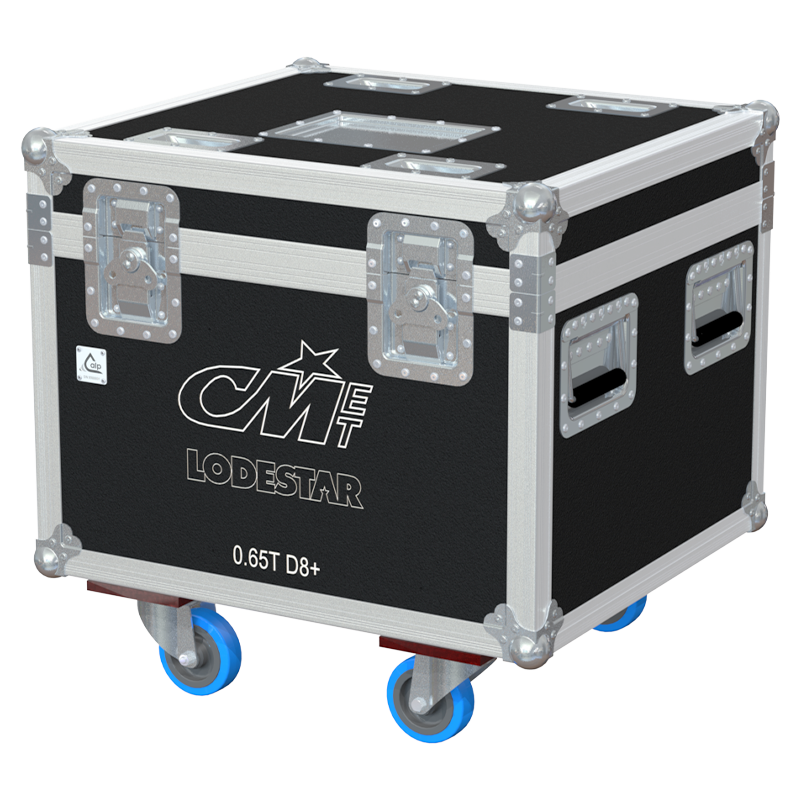 Front view of ALP professional flight case for 1x CM Lodestar 0.65T D8+ motor with wheels